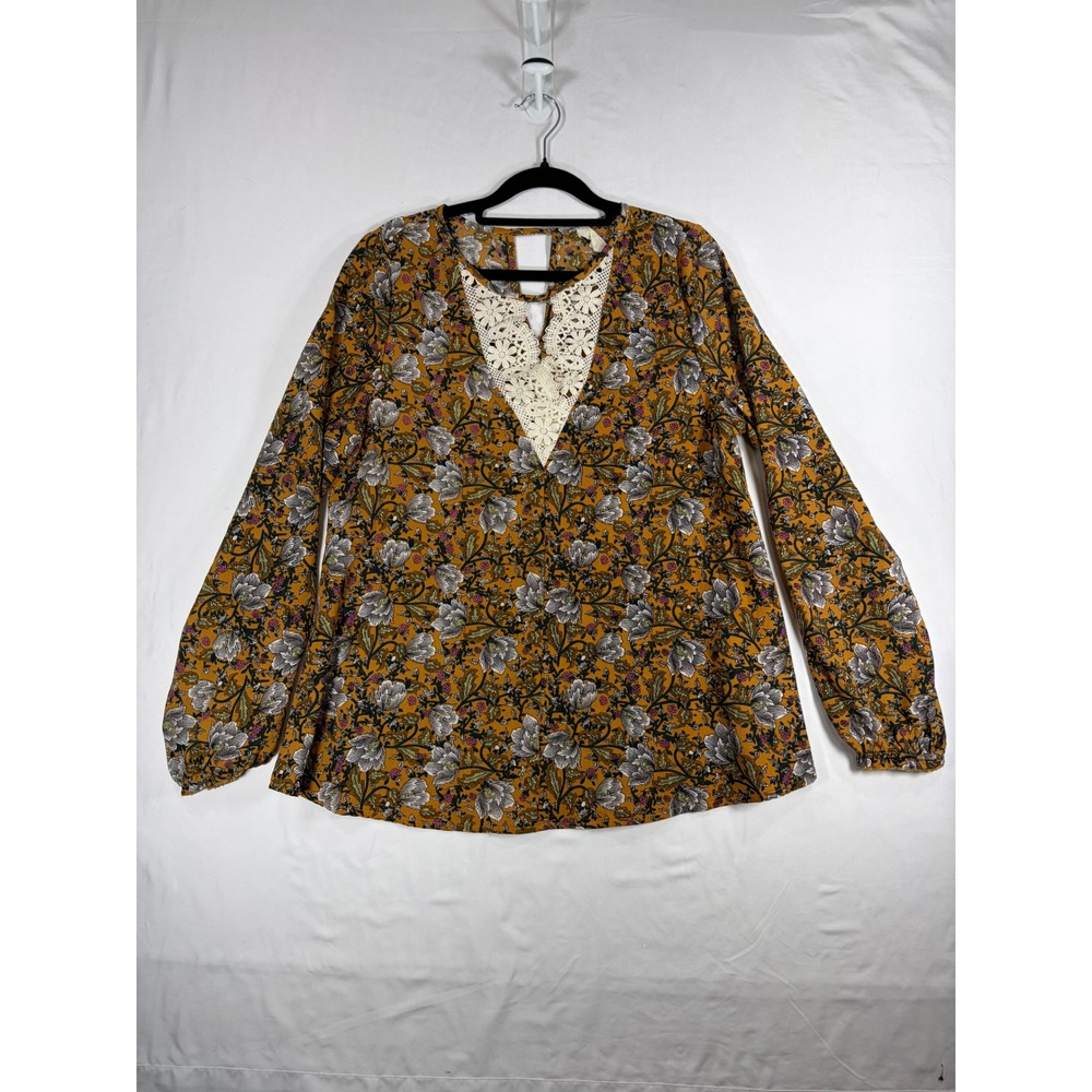 Entro Blouse Women M Mustard Yellow Good Floral Crochet Lace Boho T6149